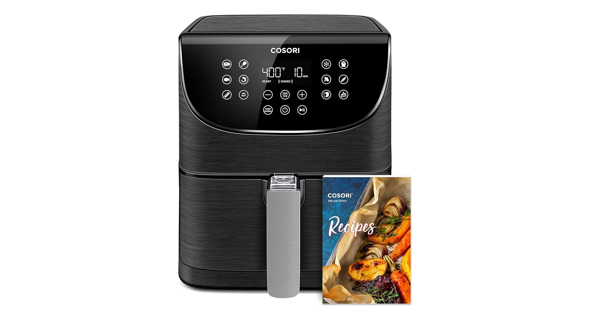 COSORI Pro Gen 2 Air Fryer with digital touchscreen, 13 cooking presets, 1700W power, and included recipe book