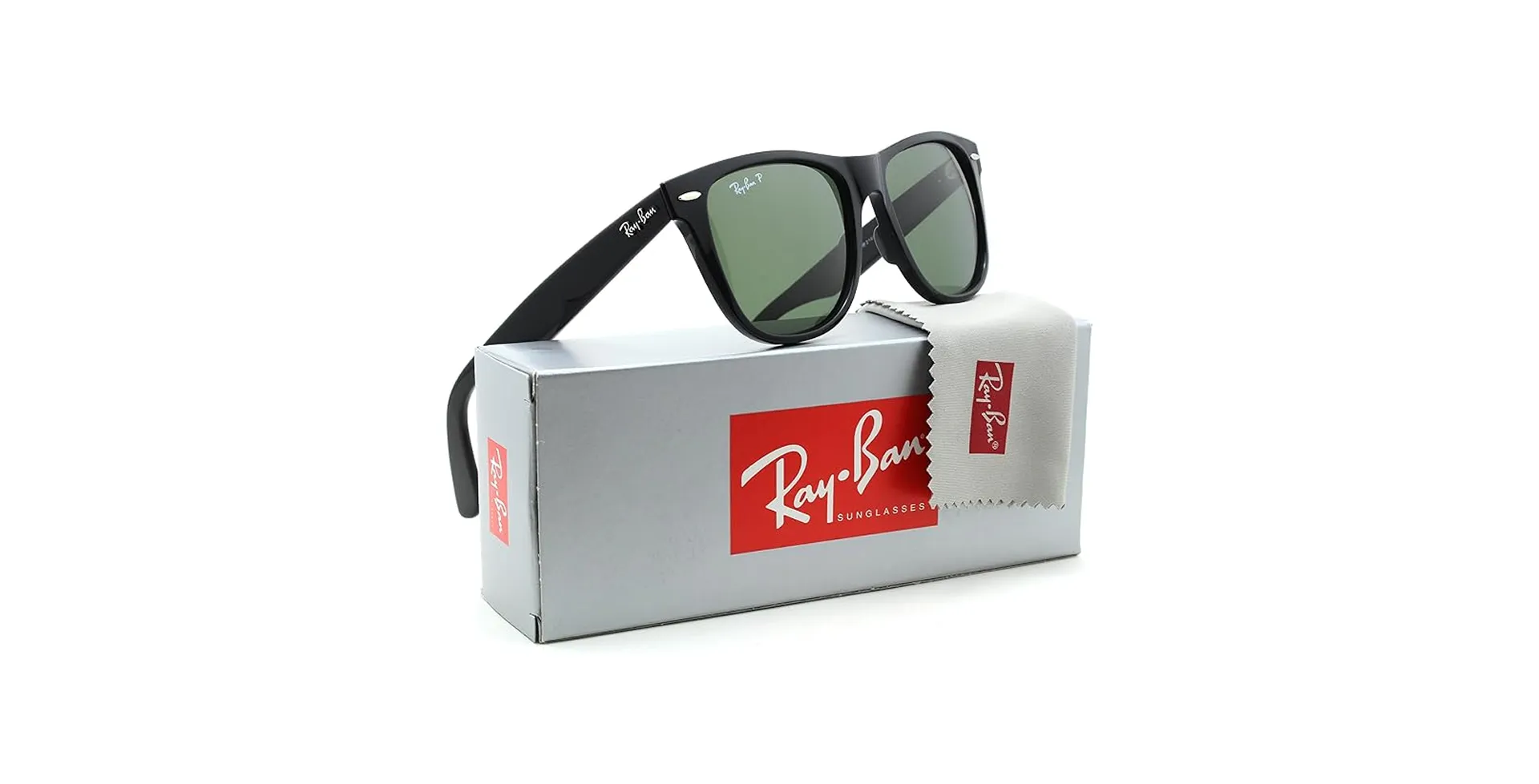 Ray-Ban Original Wayfarer RB2140 Polarized Sunglasses with case and cleaning cloth – classic black frame with green lenses on display box.