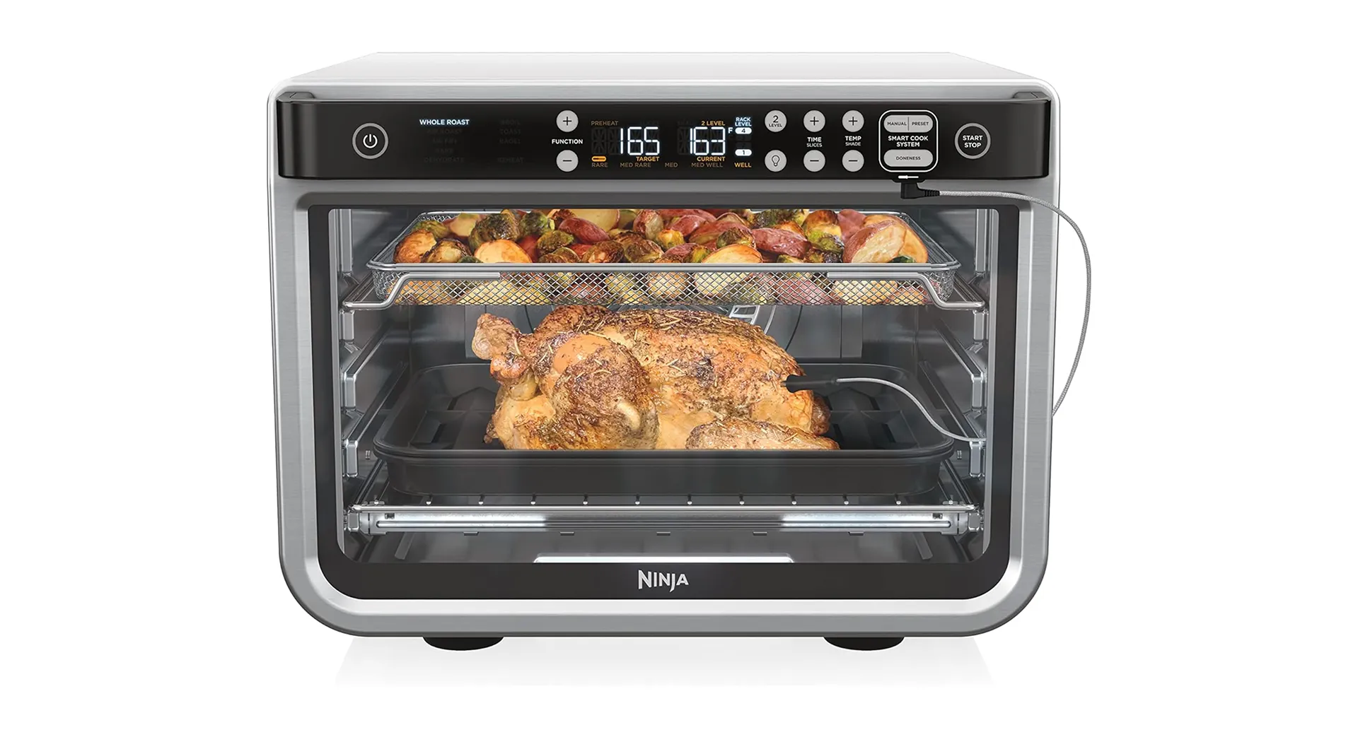 Ninja Foodi Smart XL Pro countertop air oven—whole roast chicken and vegetables cooking on two levels, built-in thermometer, 10-in-1 air fry, roast, bake, and dehydrate functions