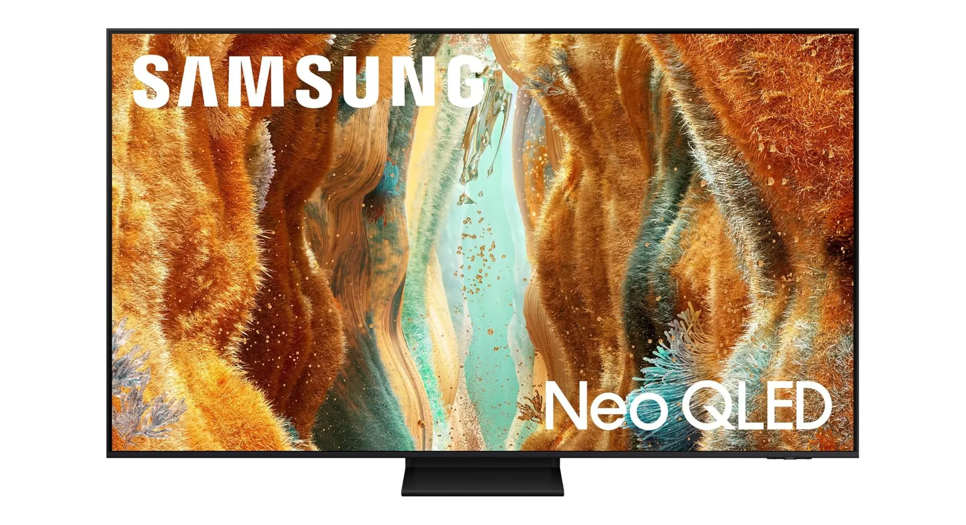 Samsung Neo QLED 4K Smart TV displaying vibrant abstract artwork—ultra-thin bezel, Mini LED backlight, Quantum HDR, and Alexa/Google Assistant compatibility