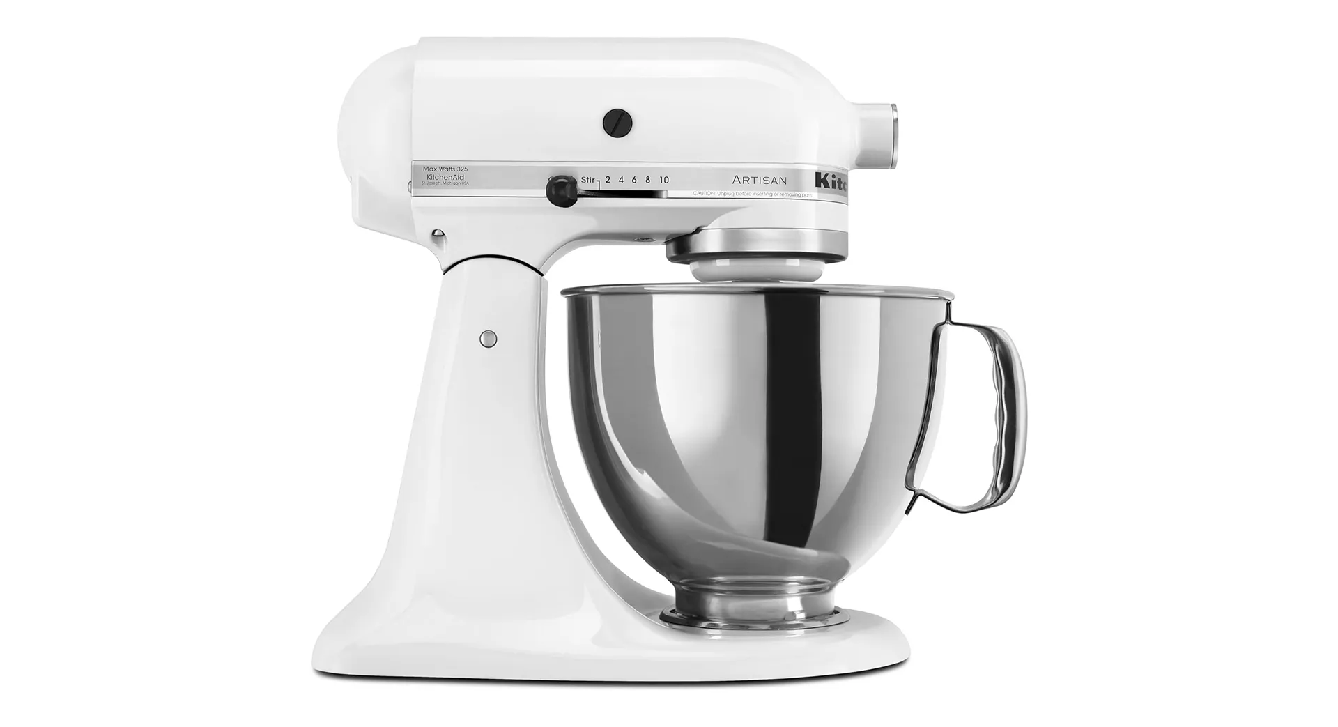 KitchenAid Artisan 5-Qt stand mixer in white with stainless steel bowl, side profile on a pure white background