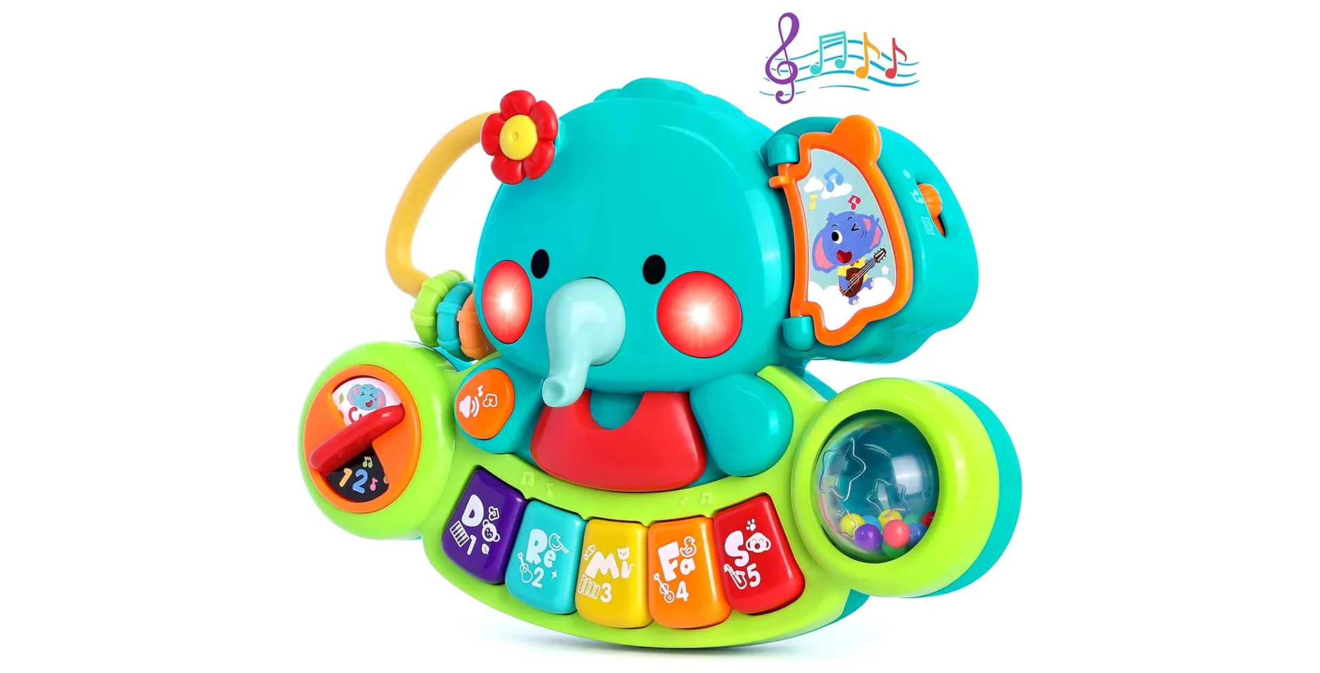 Colorful Elephant Keyboard Toy for toddlers with light-up cheeks, musical keys, sound effects, and interactive features for early learning and sensory development