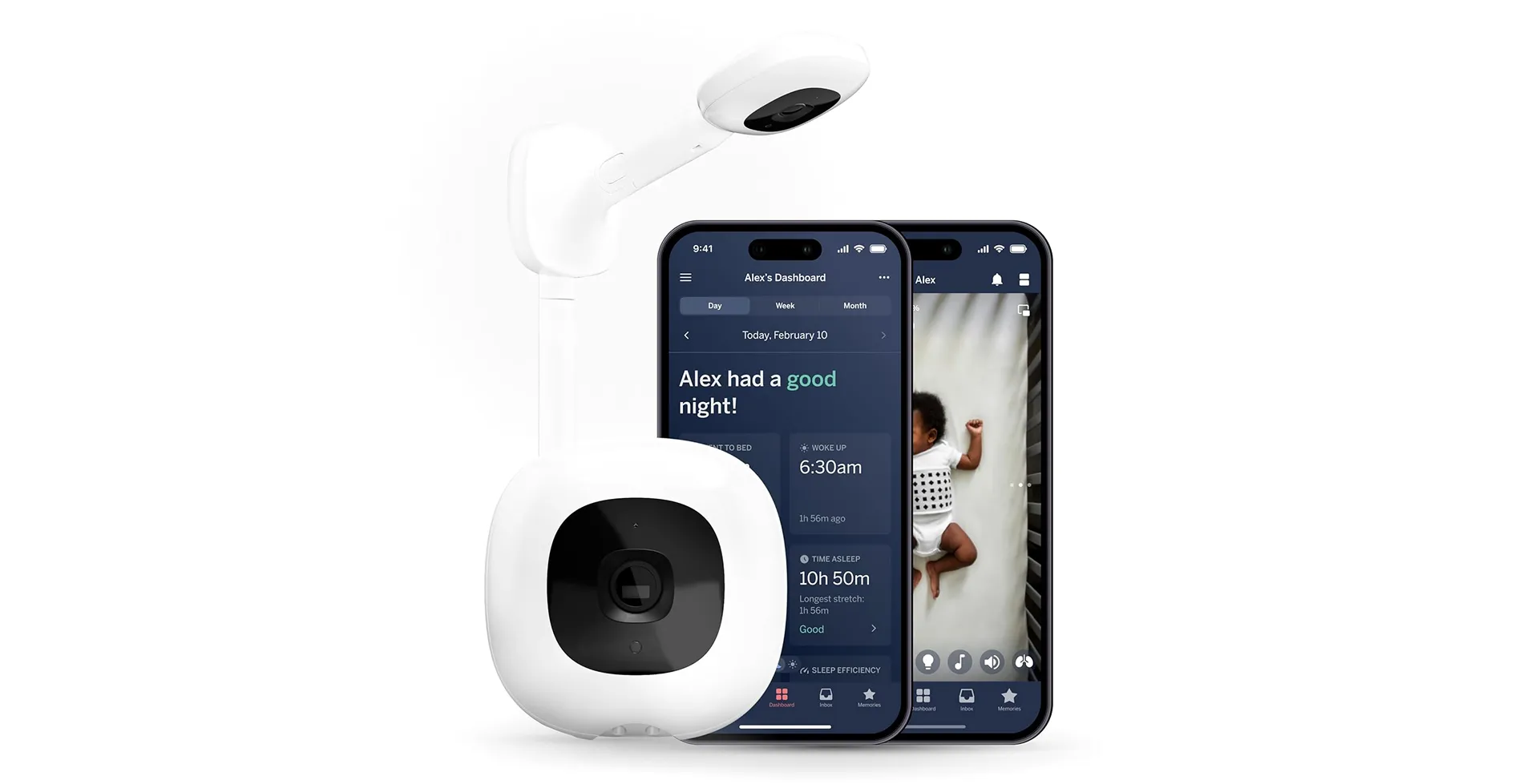 Nanit Pro Smart Baby Monitor with wall mount and mobile app showing sleep analytics and live video feed for infant monitoring