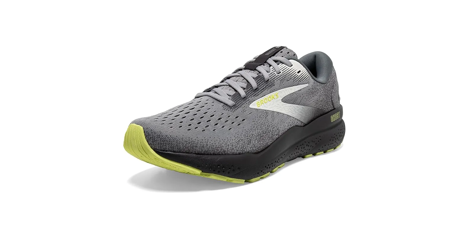 Brooks Ghost 16 men's neutral running shoe in gray and lime green, featuring breathable mesh upper and cushioned midsole for everyday comfort and performance