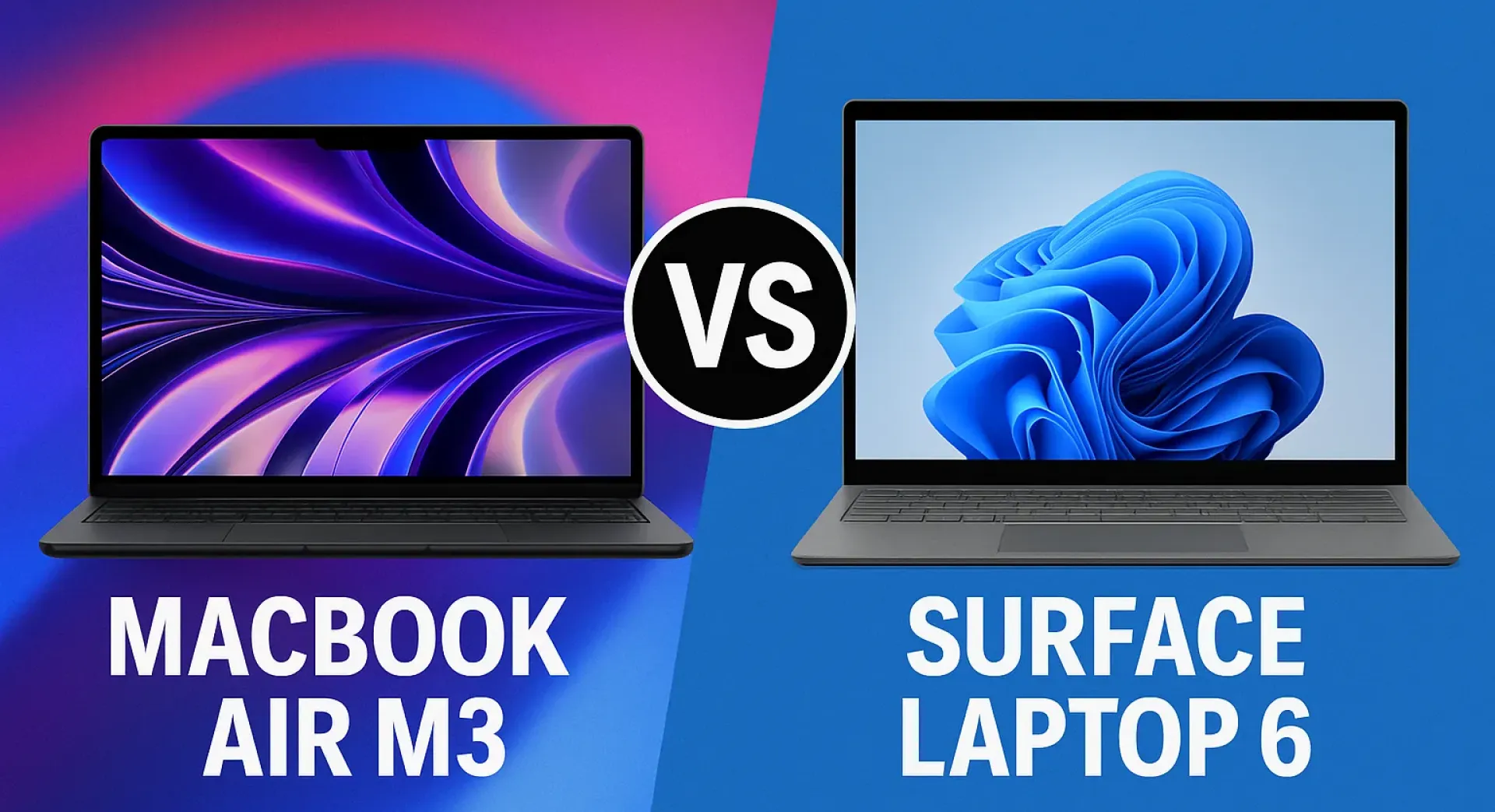 Apple MacBook Air M3 vs Microsoft Surface Laptop 6 comparison graphic—side-by-side ultrabook showdown for buyers choosing between macOS and Windows