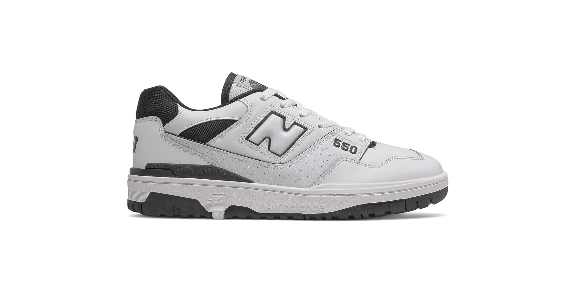 New Balance 550 sneaker in white and black colorway – retro-inspired leather low-top with perforated panels and bold “N” branding on the side.