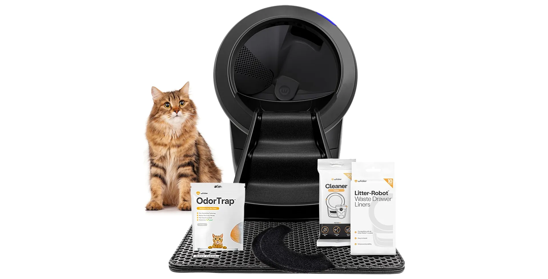 Litter-Robot self-cleaning litter box with accessory kit, including odor trap, waste drawer liners, cleaner wipes, and cat litter mat, shown with a long-haired tabby cat