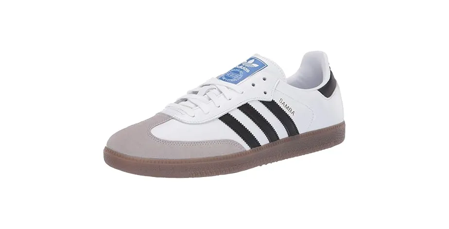 adidas Samba OG sneaker in white with black stripes and gum sole – classic retro soccer-inspired shoe featuring blue tongue label and leather upper.
