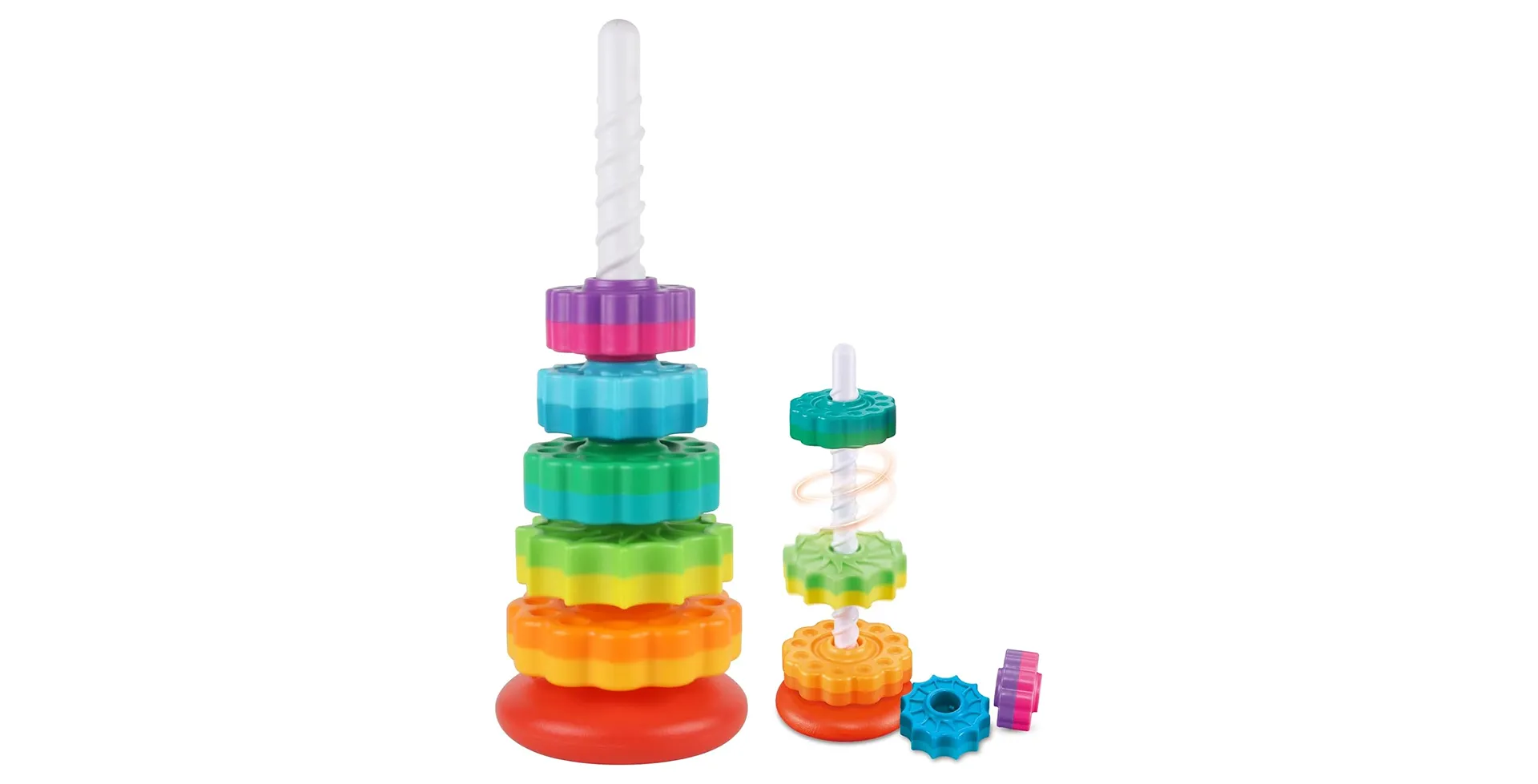 JUXUE Spinning Stacking Toy with colorful gear-shaped rings on a spiral pole, designed for toddler motor skill development and sensory play