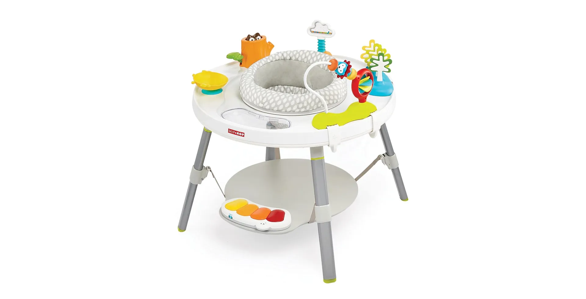 Skip Hop Explore & More 3-Stage Activity Center featuring a rotating seat, developmental toys, and foot piano for sensory and motor skill growth in babies
