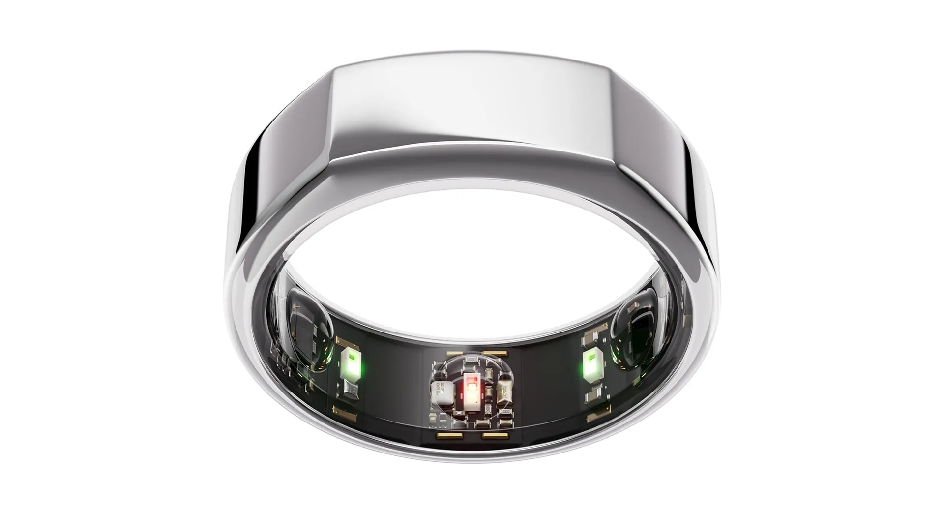 Close-up view of the Oura Ring Gen3 in silver, showcasing its sleek design and inner sensors for advanced health tracking, including heart rate, sleep, and temperature monitoring.