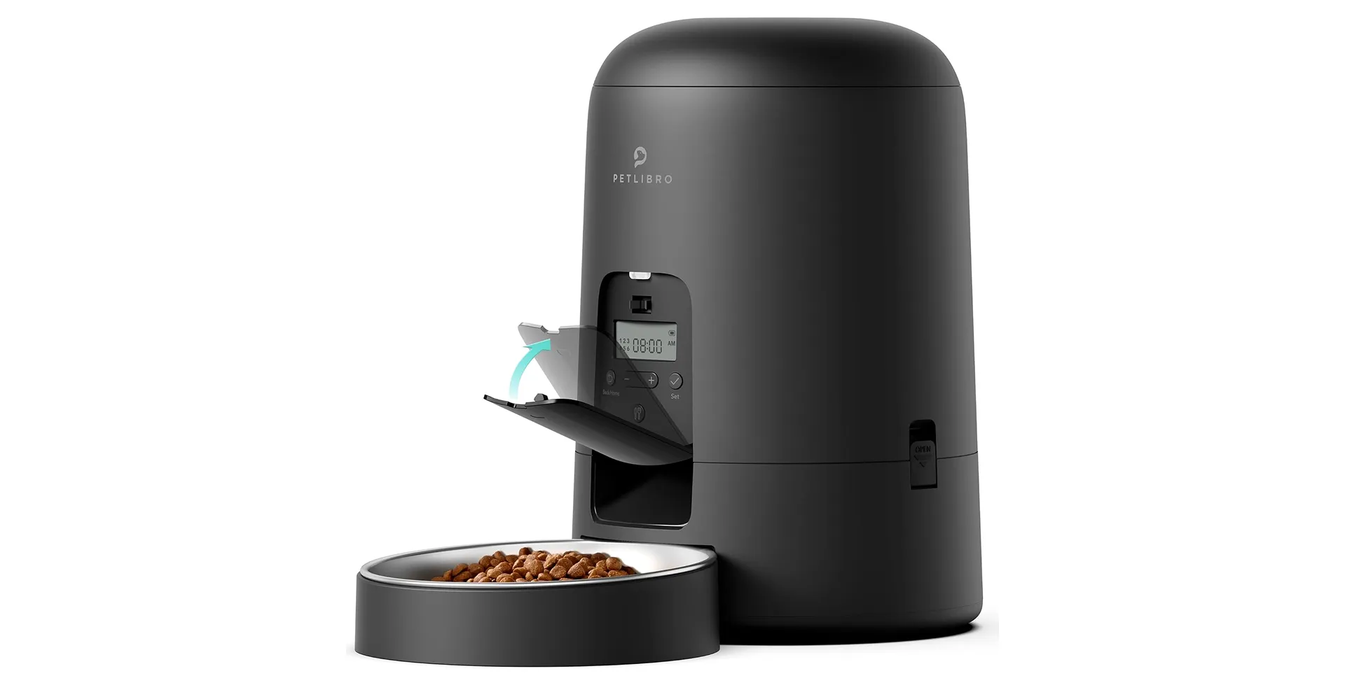 PETLIBRO WiFi Automatic Pet Feeder in sleek black finish with LCD screen, portion control, and stainless steel food bowl for cats and small dogs