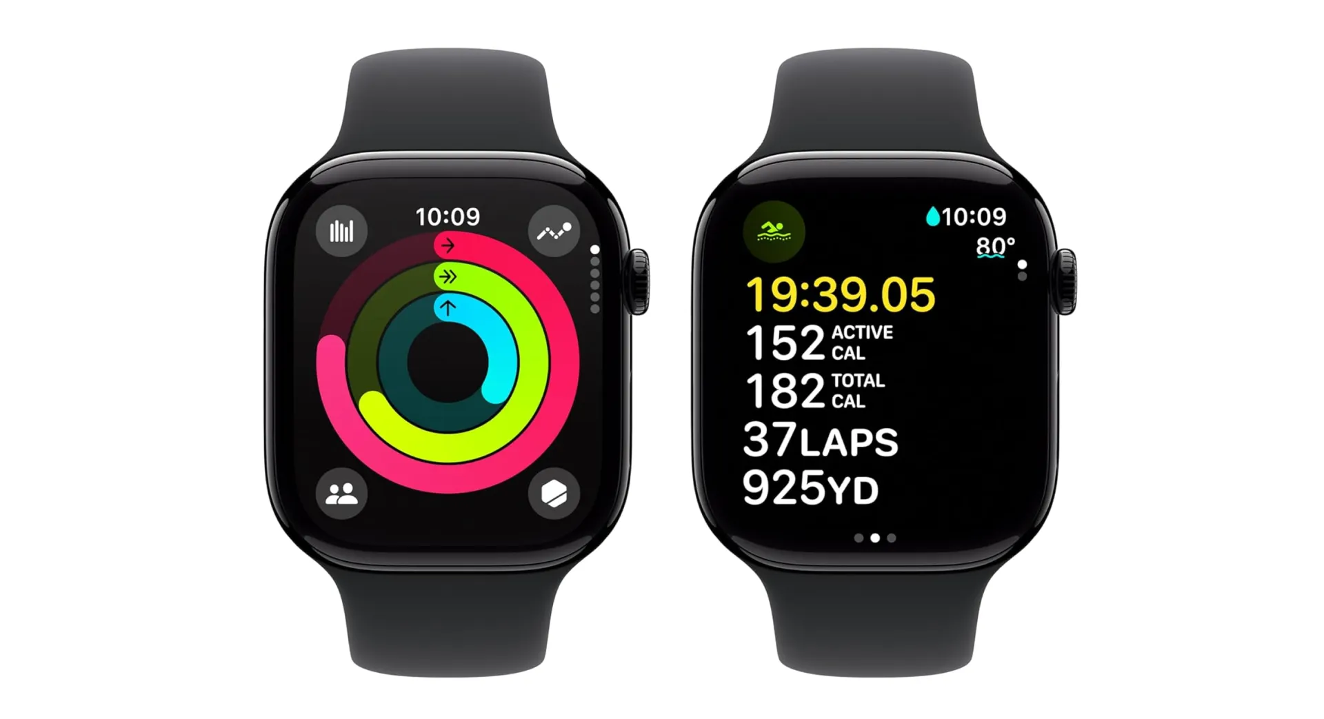 Apple Watch Series 9 GPS smartwatch in midnight aluminum with black sport band—shows Activity Rings and swim workout stats for heart-rate, calorie, and fitness tracking on iPhone