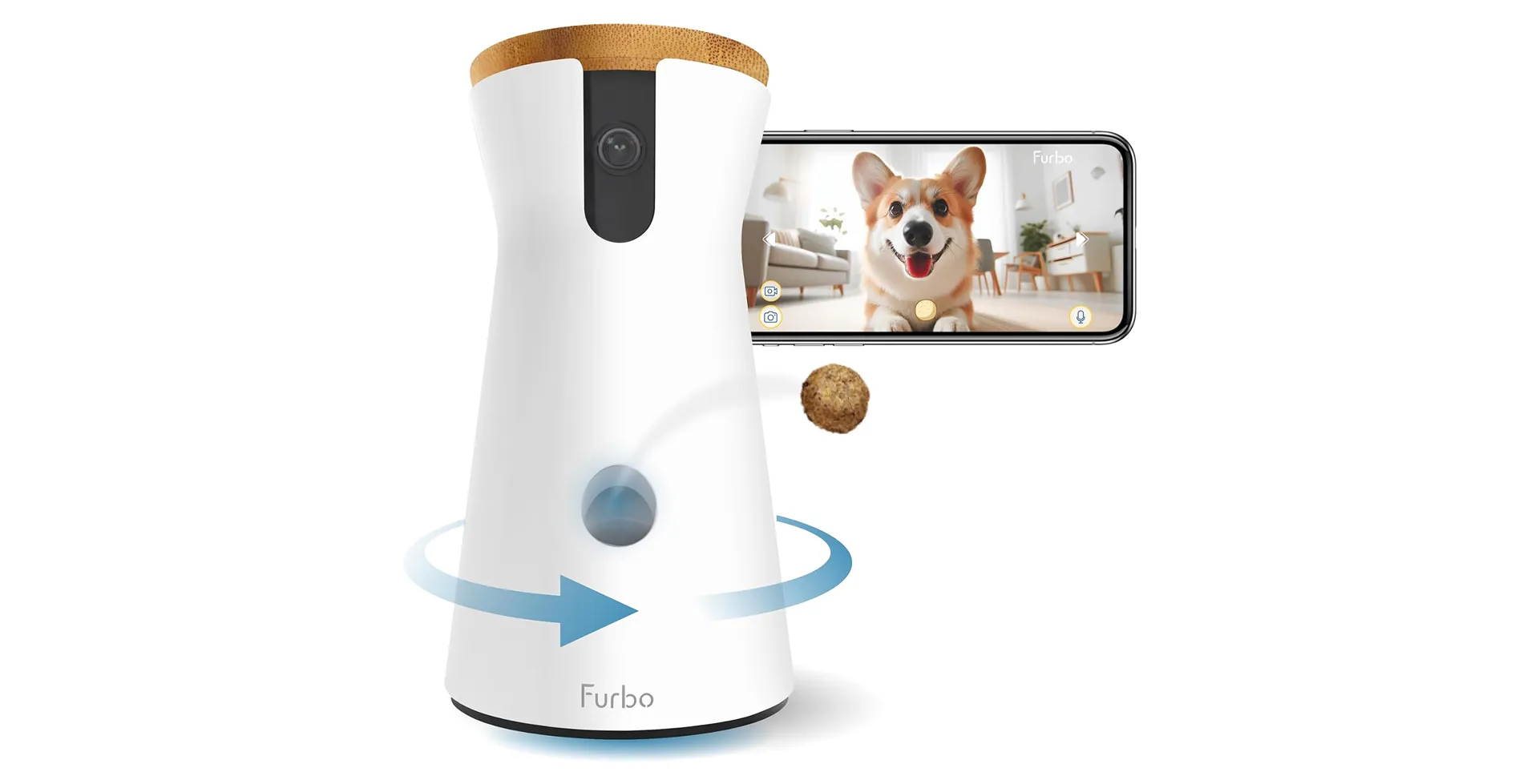 Furbo 360° Dog Camera with treat dispenser, HD live streaming, and smartphone monitoring, featuring a corgi dog on the app screen