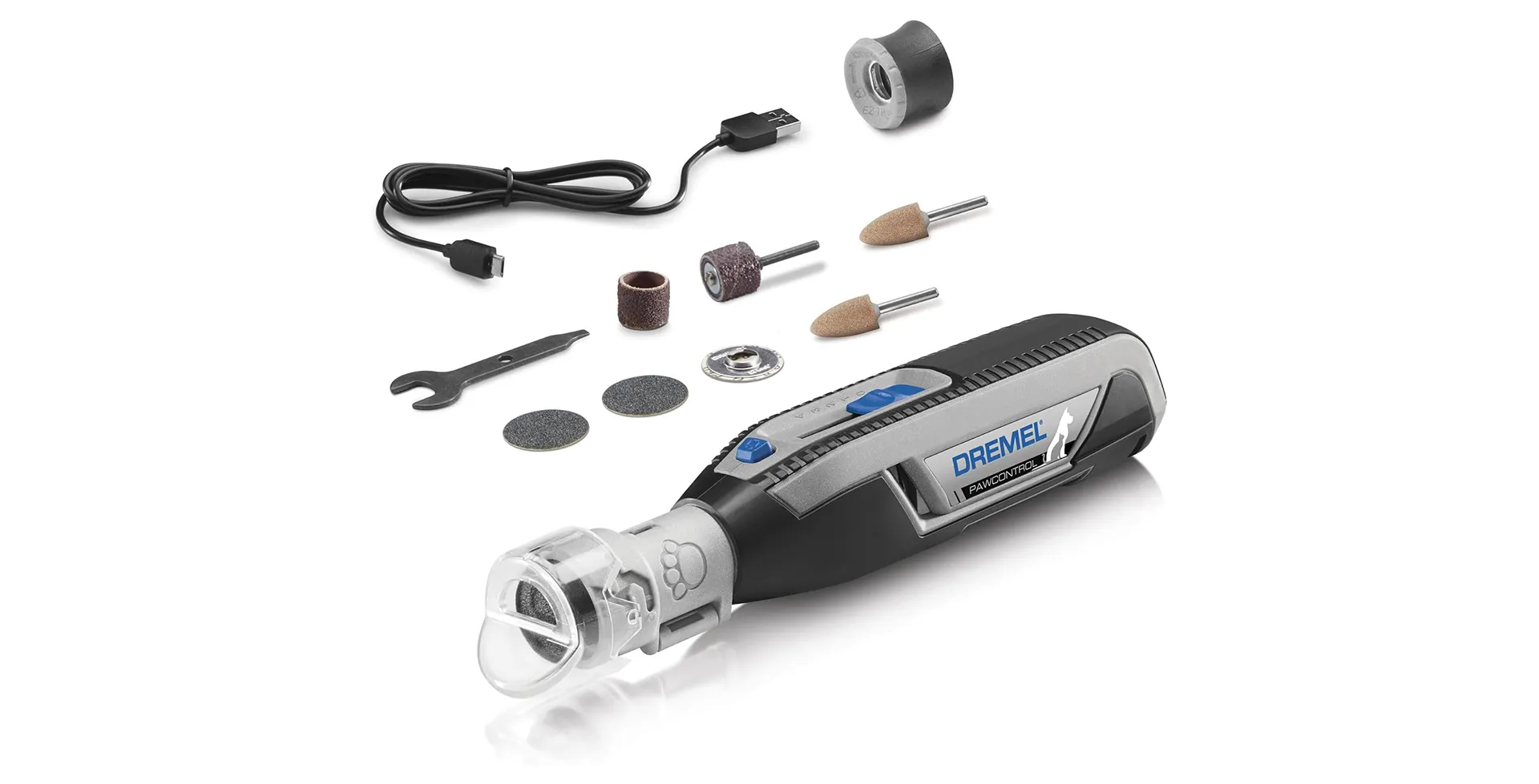 Dremel PawControl 7760-PET nail grooming kit with cordless grinder, sanding drums, accessories, and USB charging cable for safe pet nail trimming