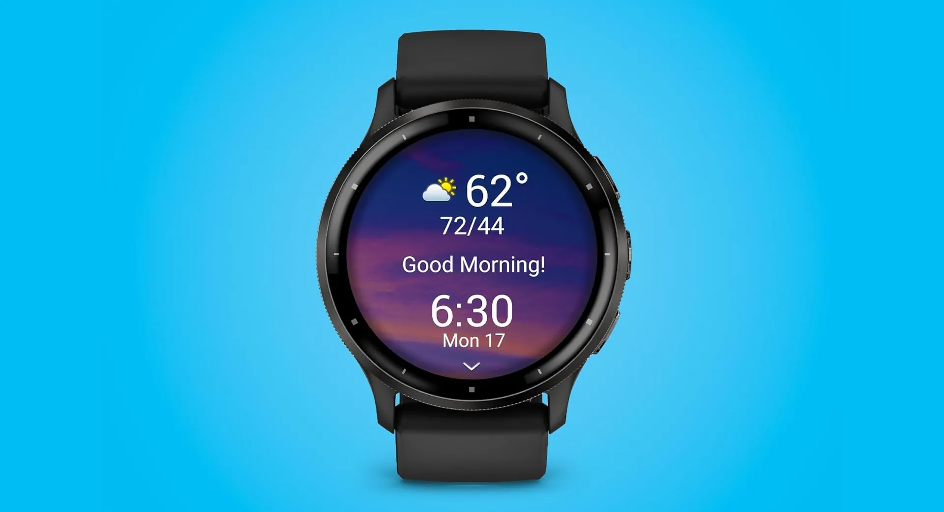 Front view of the Garmin vívoactive 5 smartwatch with a vibrant weather and time display, featuring a black band and rounded AMOLED screen against a bright blue background — ideal for health tracking without smartwatch bloat.