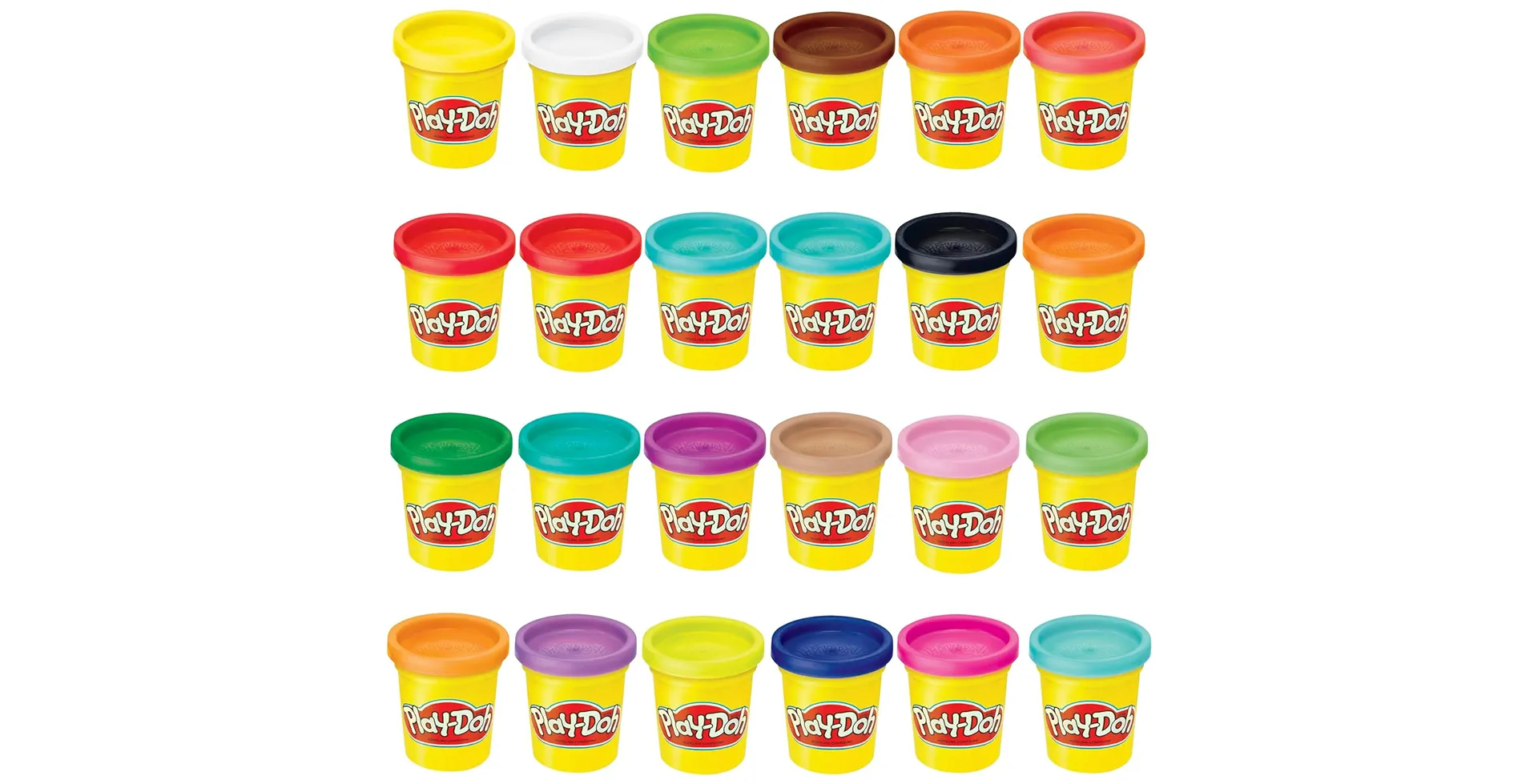 Play-Doh 24-pack modeling compound set featuring 24 vibrant colors in yellow cans with red Play-Doh logo, perfect for creative play and sensory development