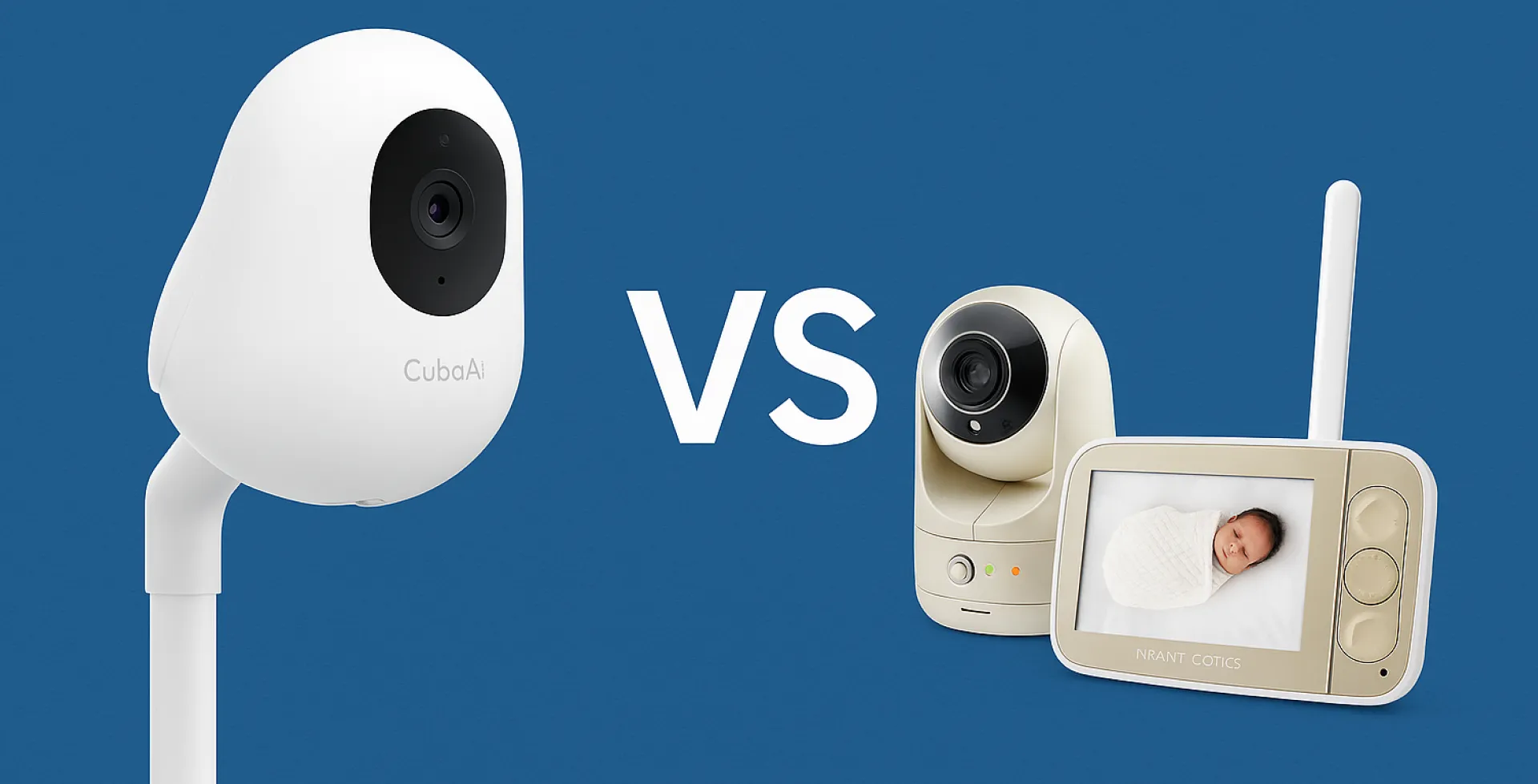 Side-by-side comparison of CuboAi Gen 3 and Infant Optics DXR-8 Pro baby monitors with 'VS' in the center, showcasing modern vs. classic design for nursery monitoring