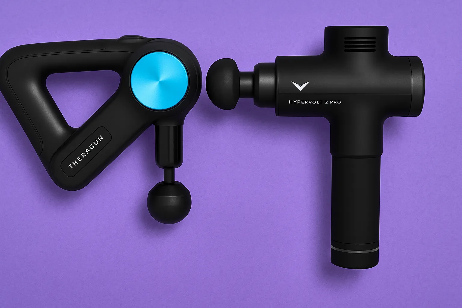 Side-by-side comparison of Theragun PRO and Hypervolt 2 Pro massage guns on a vibrant purple background, showcasing their ergonomic design and premium build quality for deep tissue muscle recovery.