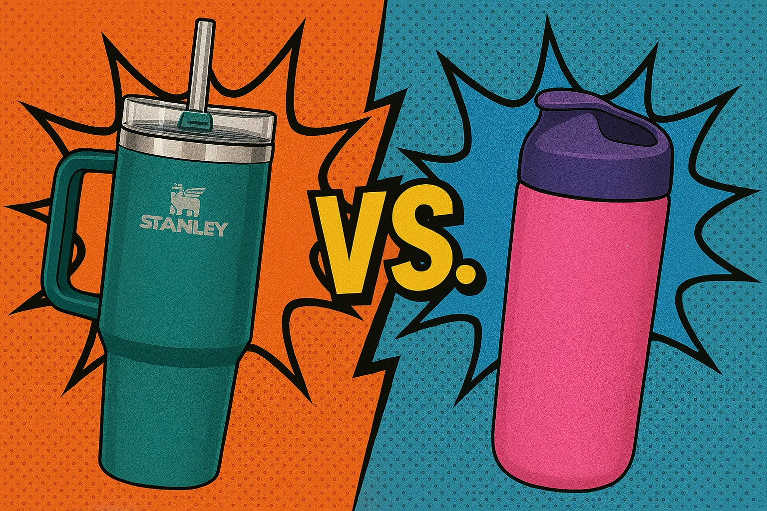 Stanley Quencher vs. Owala FreeSip comparison graphic – pop art style image featuring both insulated tumblers in a head-to-head showdown with bold 'VS' text, ideal for reviews and product comparison articles on reusable water bottles.