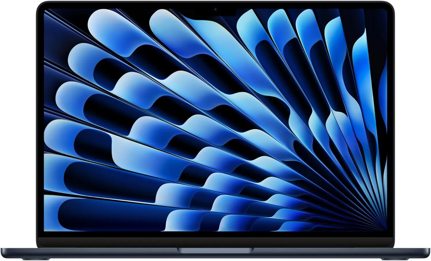 Apple MacBook Air 13-inch 2024 laptop with M3 chip, dual-display support, all-day battery life, and blue abstract Retina display wallpaper