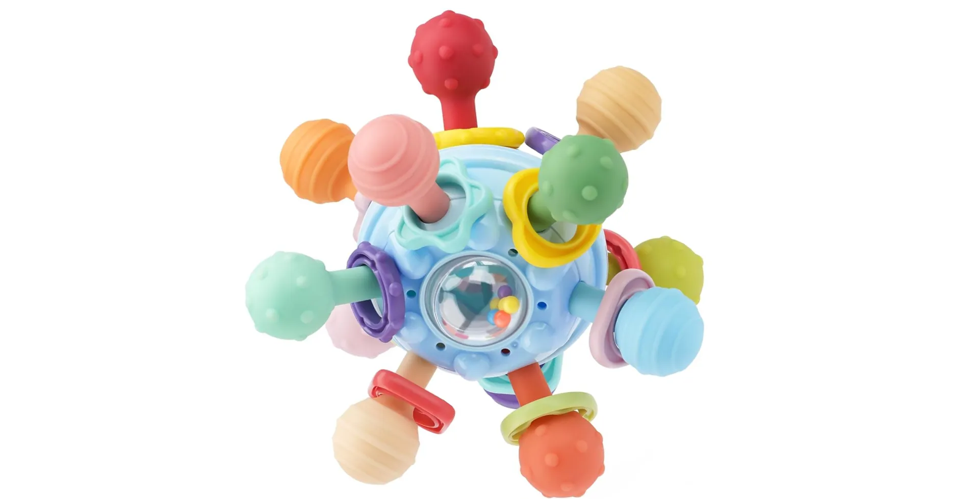 Colorful Montessori-inspired sensory teething toy with textured silicone ends and rattle feature, designed for babies to promote tactile exploration and motor skill development