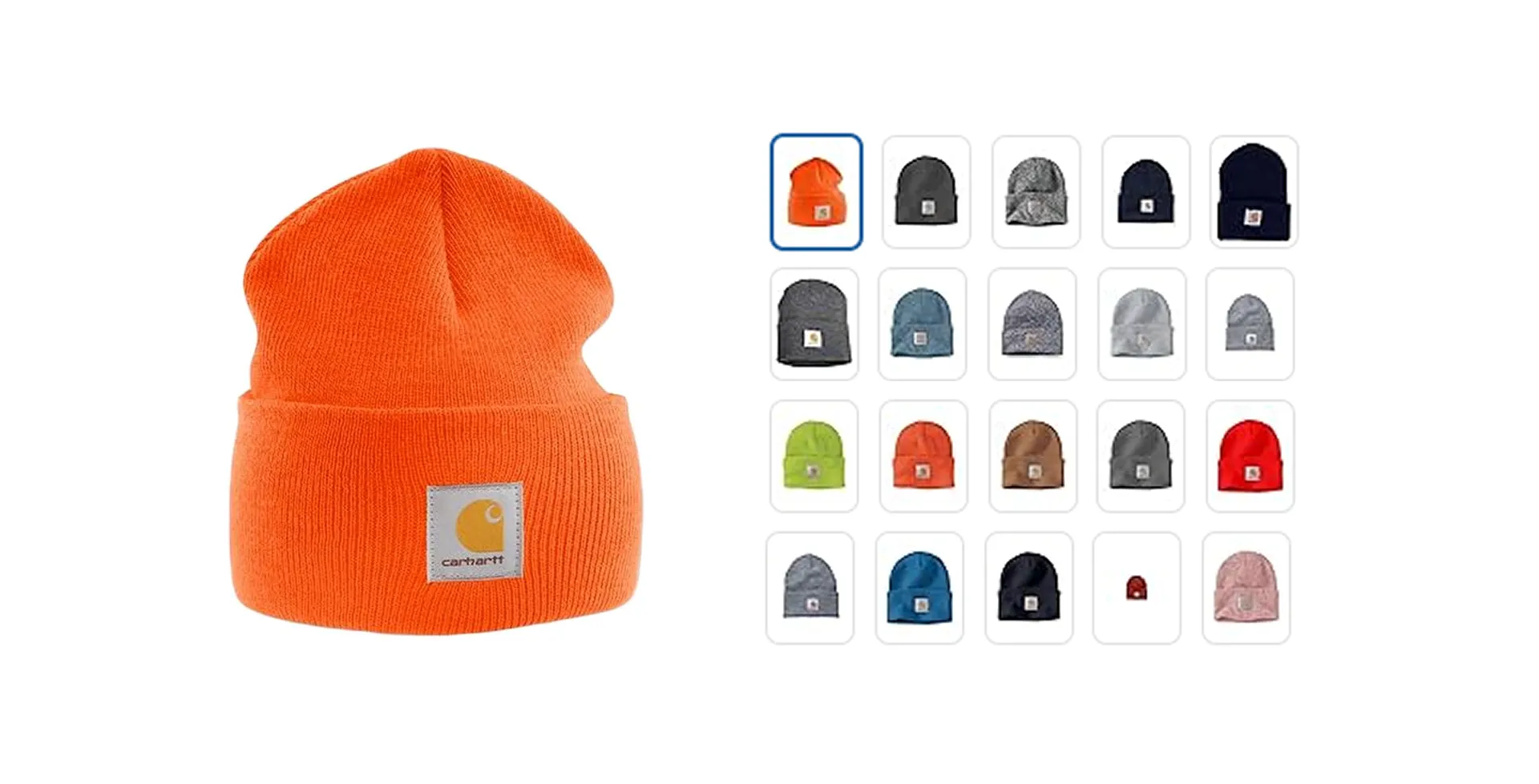 Carhartt Knit Cuffed Beanie in orange with multiple color options displayed – durable unisex winter hat available in 20+ colors for everyday warmth and workwear style