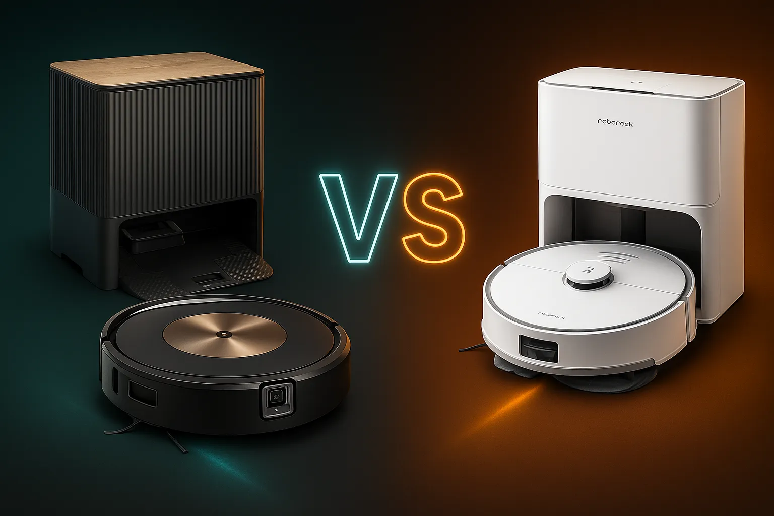 Roomba Combo j9+ and Roborock S8 Pro Ultra robot vacuums with their docks, split background, neon “VS” glowing in the center