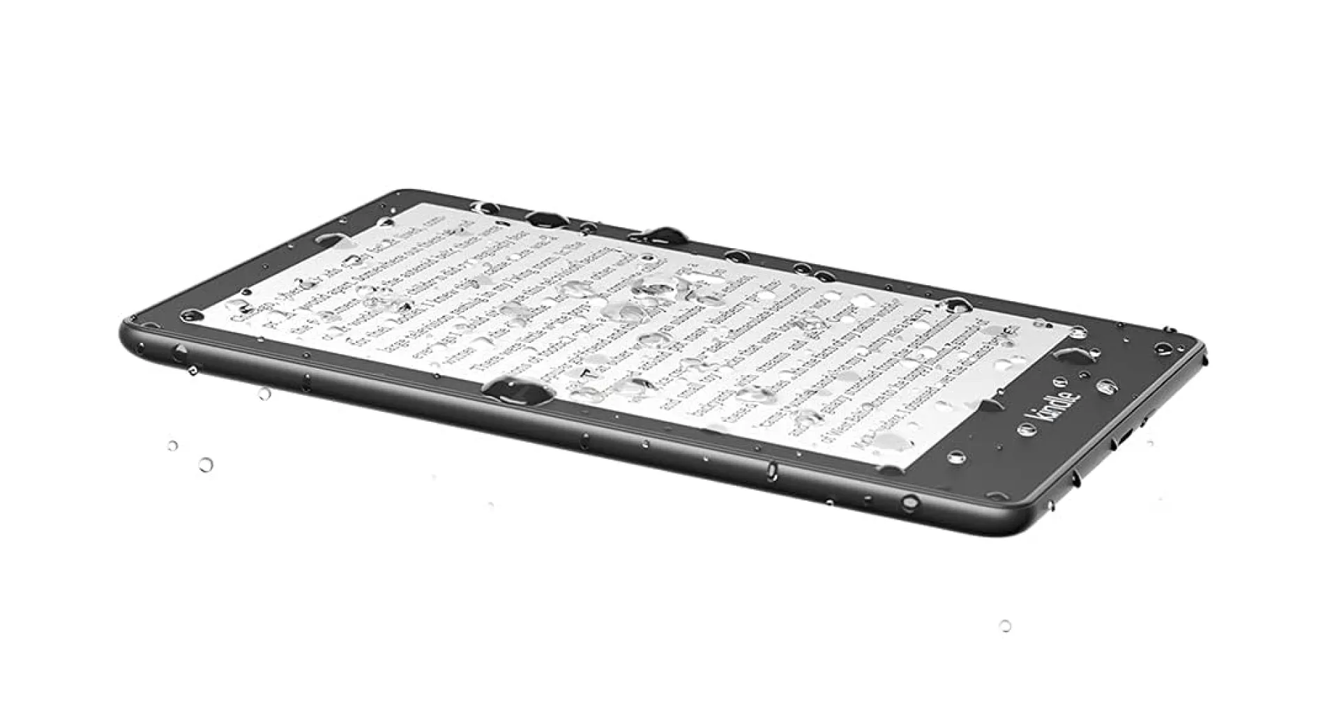 Amazon Kindle Paperwhite 6.8-inch waterproof e-reader—flat black design with water droplets demonstrating IPX8 water resistance and glare-free E-Ink display