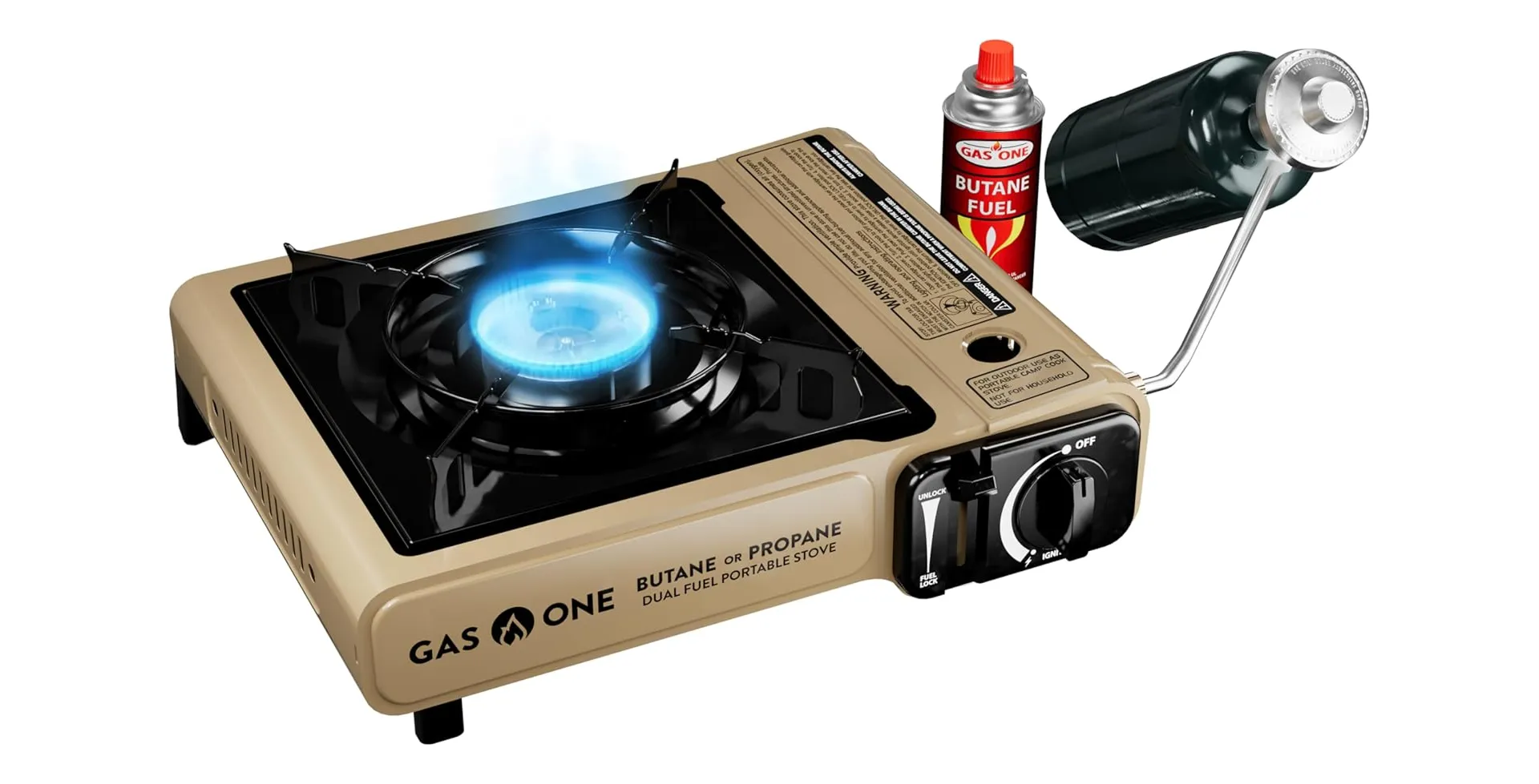 Gas One GS-3400P Dual-Fuel Stove on a camping table, boiling water outdoors