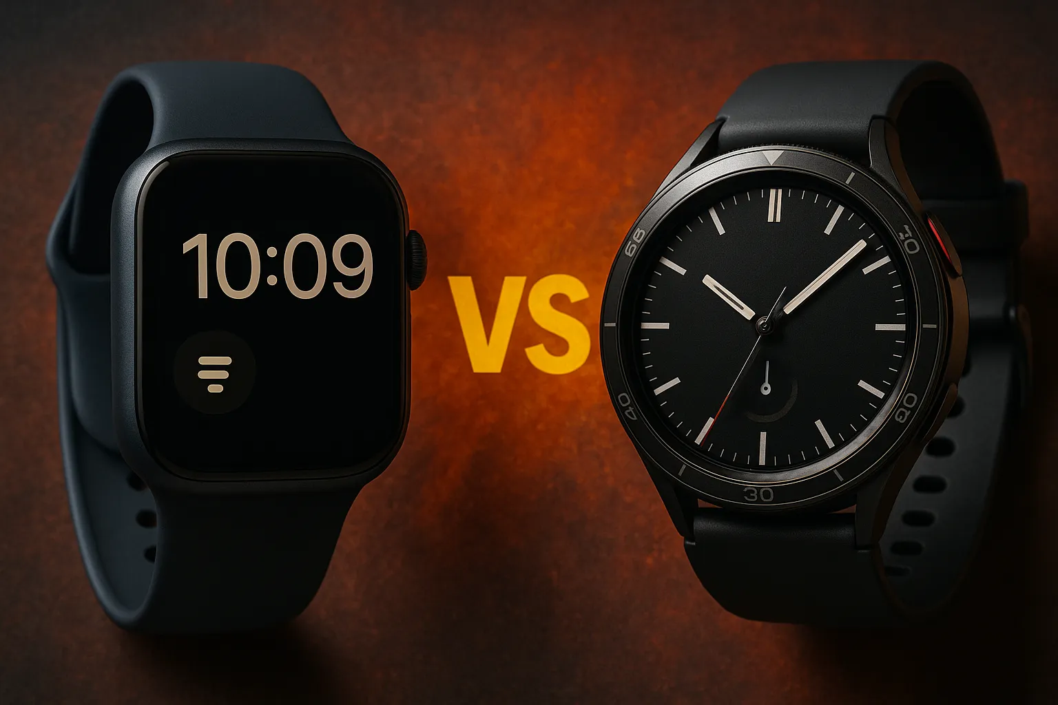 Hyper-realistic comparison image of Apple Watch Midnight Aluminum and Samsung Galaxy Watch 7 side by side on a dramatic background, highlighting 2025 smartwatch design and features.