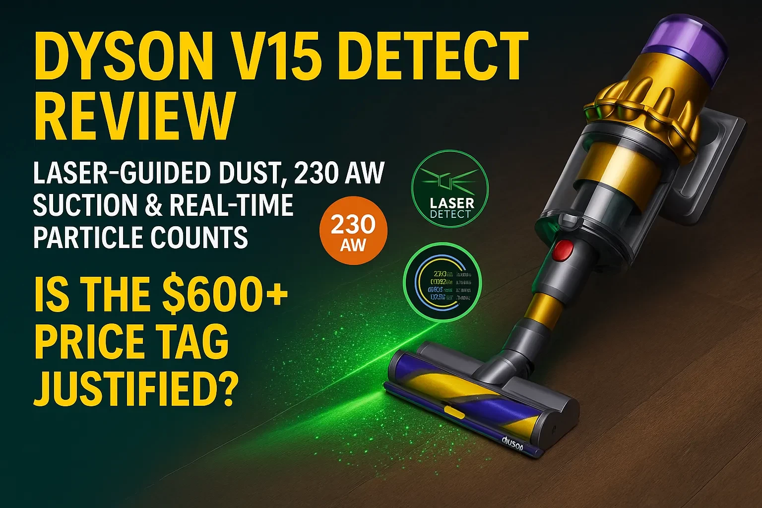 Dyson V15 Detect Review — Laser-Guided Dust, 230 AW Suction & Real-Time Particle Counts: Is the $600+ Price Tag Justified?